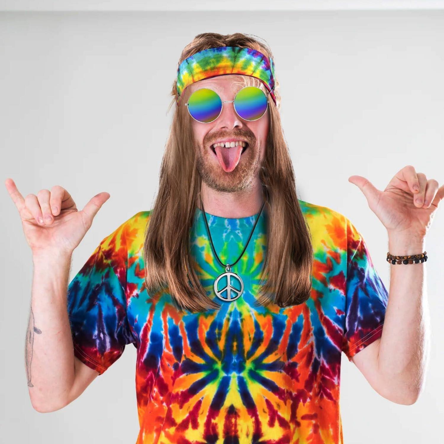 Hippie Kostüm Set Damen Herren 80er 90er Fasching Batik Peace