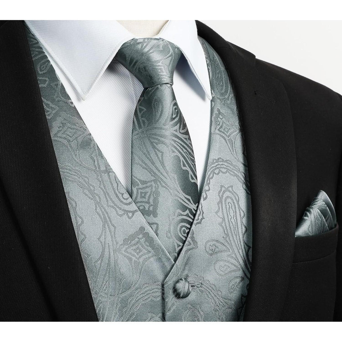 Herren Weste Krawatte Einstecktuch Set Jacquard Dunkelgrau