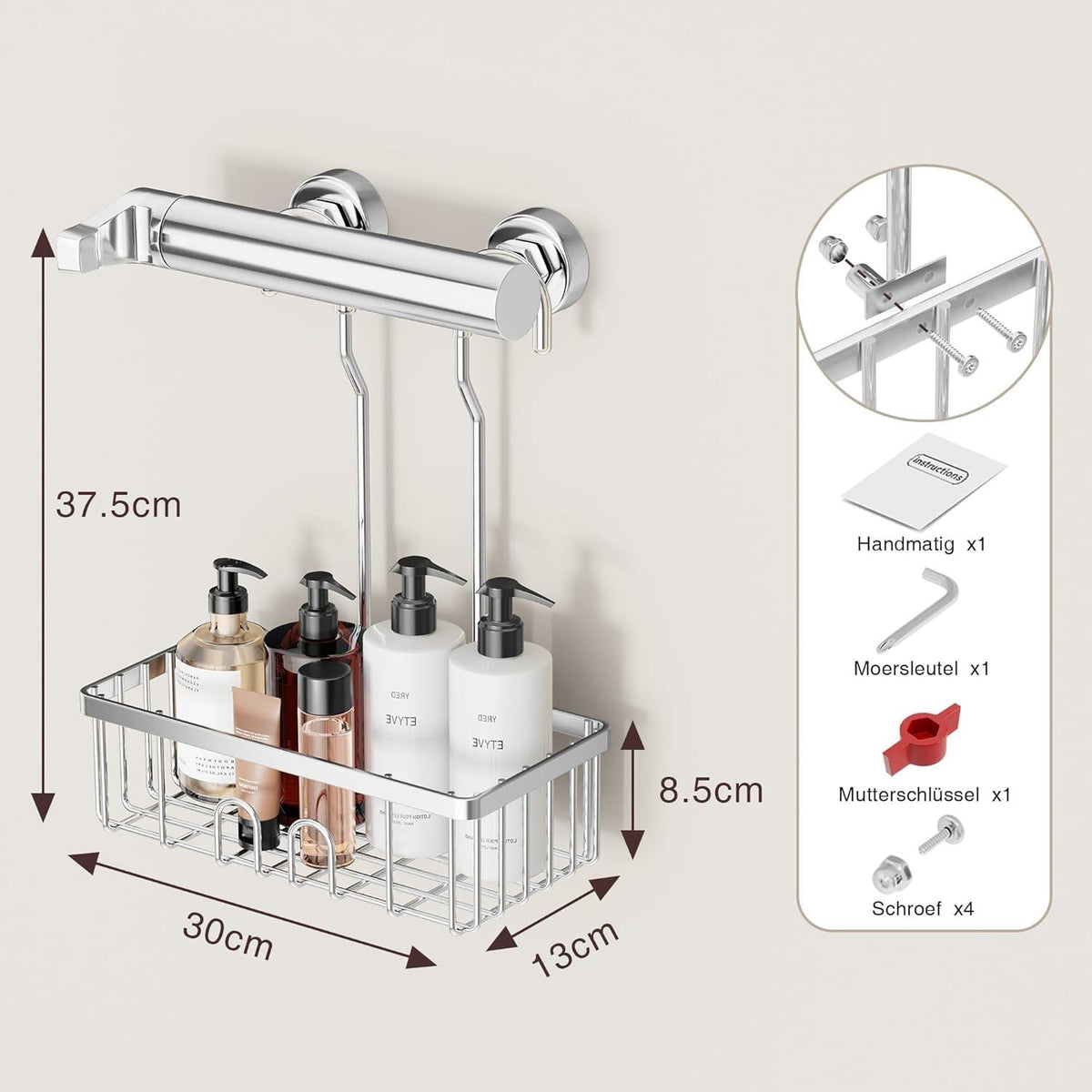 Duschablage Ohne Bohren - Duschregal Hängen Shampoo Halterung Edelstahl 30x13cm