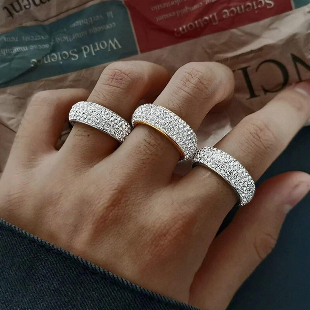 Edelstahl Ring Herren 8mm Zirkon Silber Gold 57