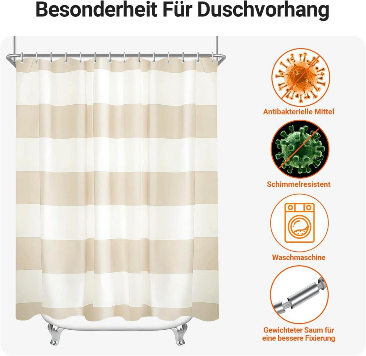 Duschvorhang 180x180cm Beige Streifen Textil Antischimmel Oesen 12 Ringe