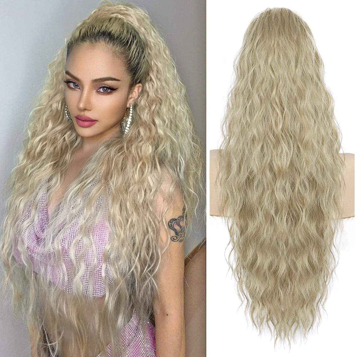 Welliges Pferdeschwanz Haarteil Aschblond, 75cm mit Kordelzug