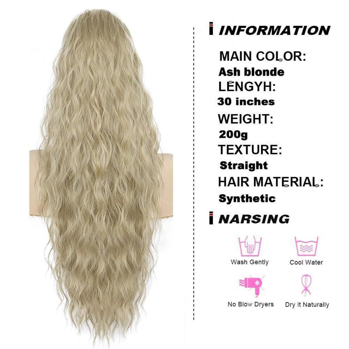 Welliges Pferdeschwanz Haarteil Aschblond, 75cm mit Kordelzug