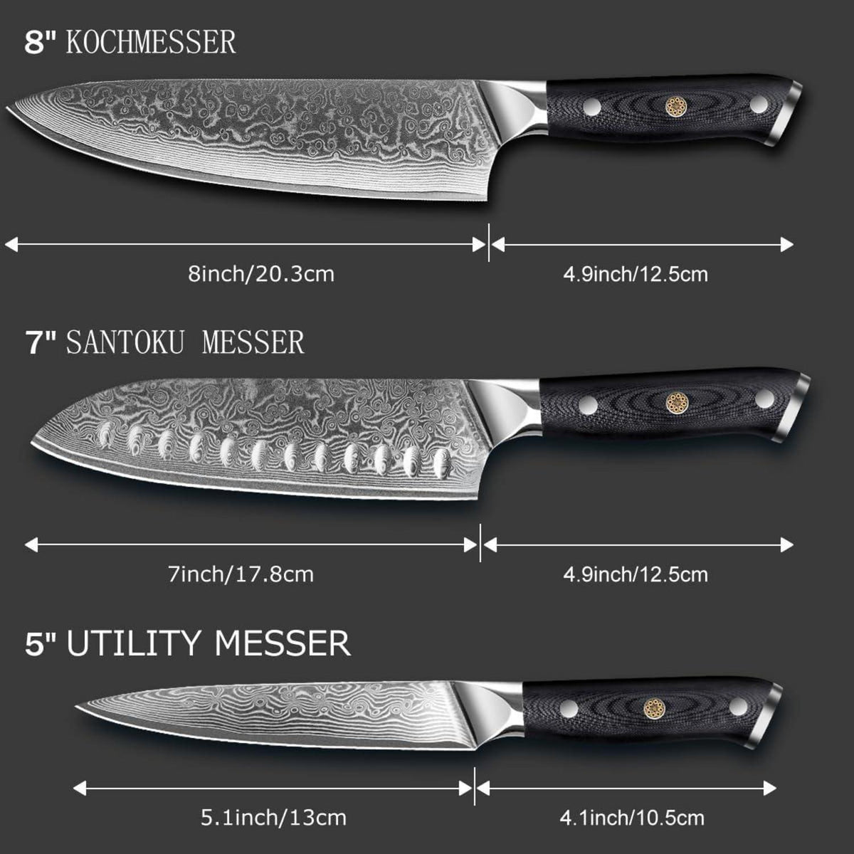 Damast Messer Set 3-teilig – Kochmesser, Santoku & Allzweckmesser