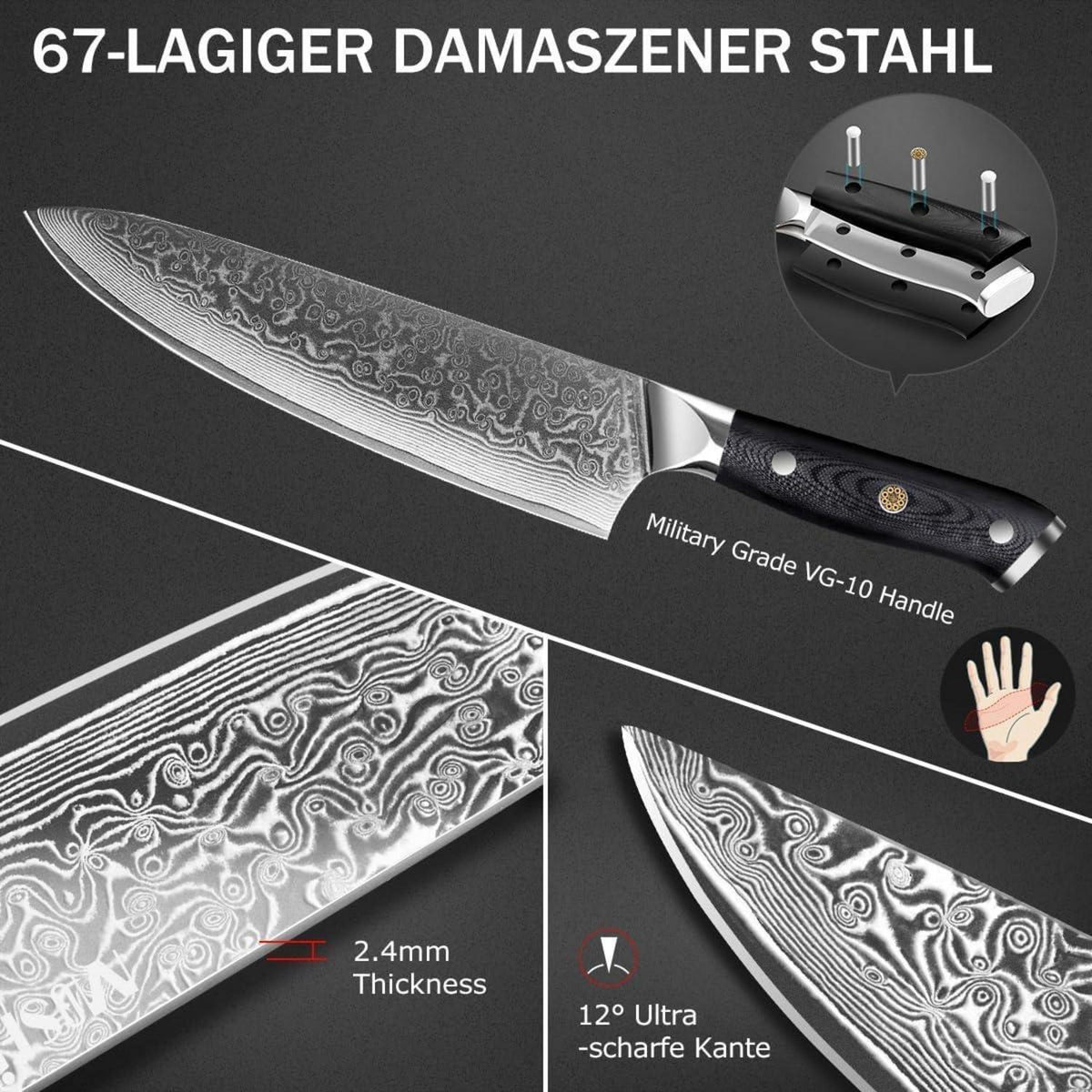 Damast Messer Set 3-teilig – Kochmesser, Santoku & Allzweckmesser