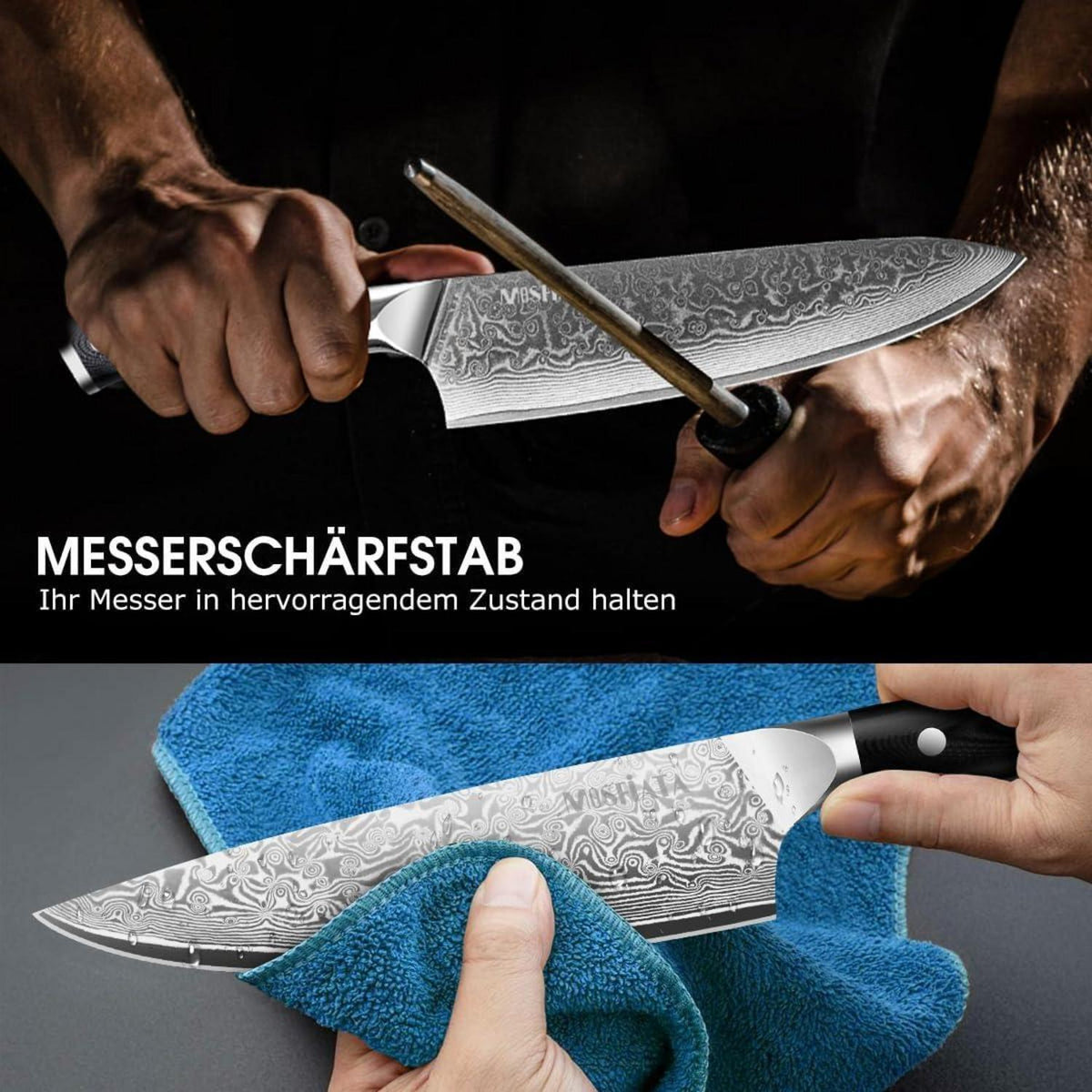 Damast Messer Set 3-teilig – Kochmesser, Santoku & Allzweckmesser