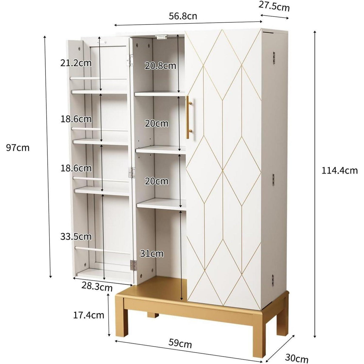 Weißer Küchenschrank mit goldenen Akzenten & verstellbarem Regal