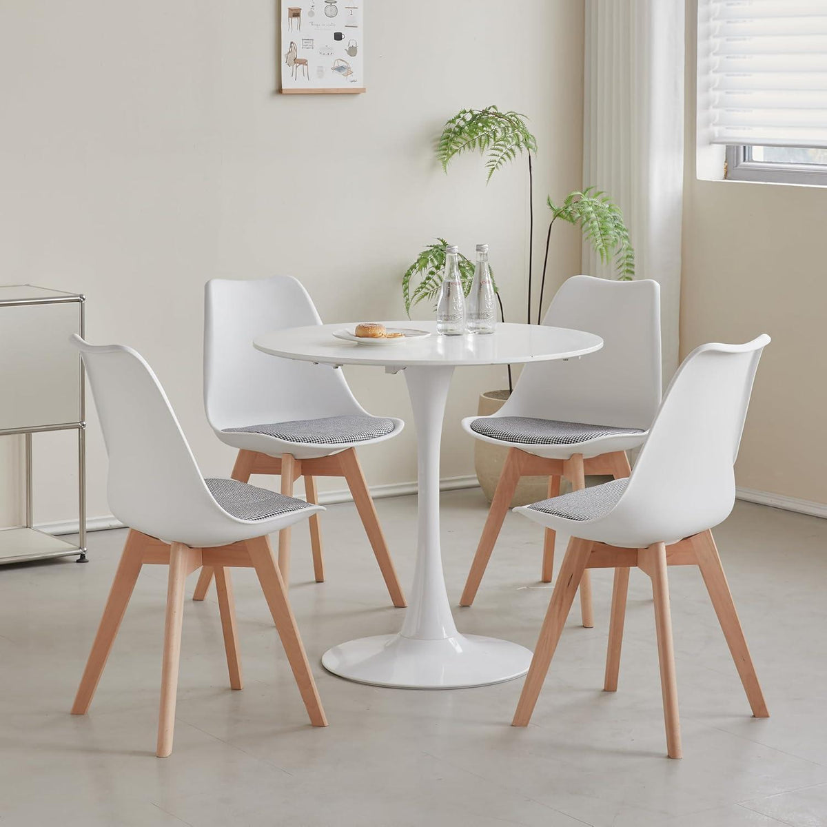 Skandinavische Esszimmerstühle 6er-Set Weiß | Massivholz & Gestreiftes Sitzkissen