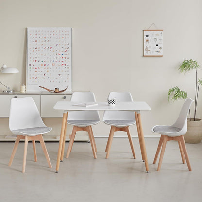 Skandinavische Esszimmerstühle 4er-Set Weiß | Massivholz & Gestreiftes Sitzkissen