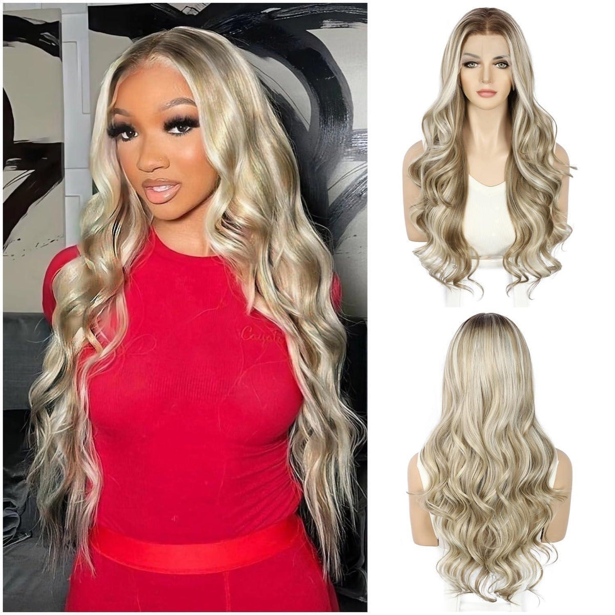 Blond Lockenperücke mit Spitze vorne – Synthetisch, 26 Zoll