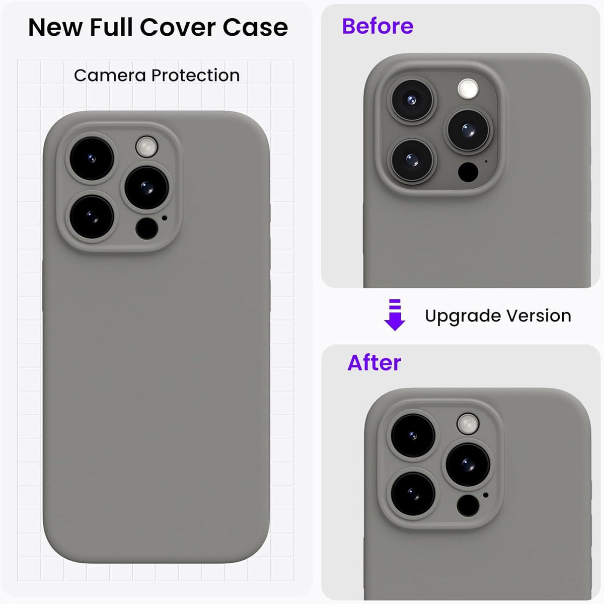 ORNARTO iPhone 15 Pro Max Hülle Silikon 6,7 Zoll Grau mit Kameraschutz und Schutzfolien