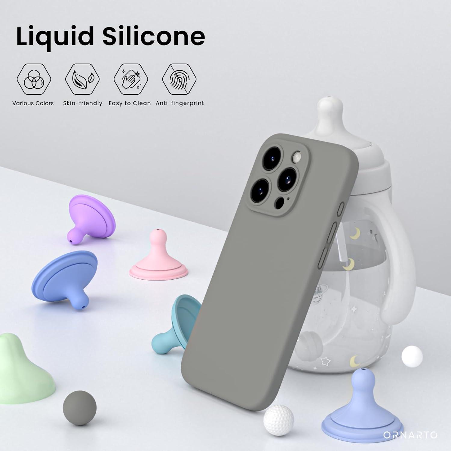 iPhone 15 Pro Hülle Kameraschutz 2 Schutzfolien flüssiges Silikon Grau
