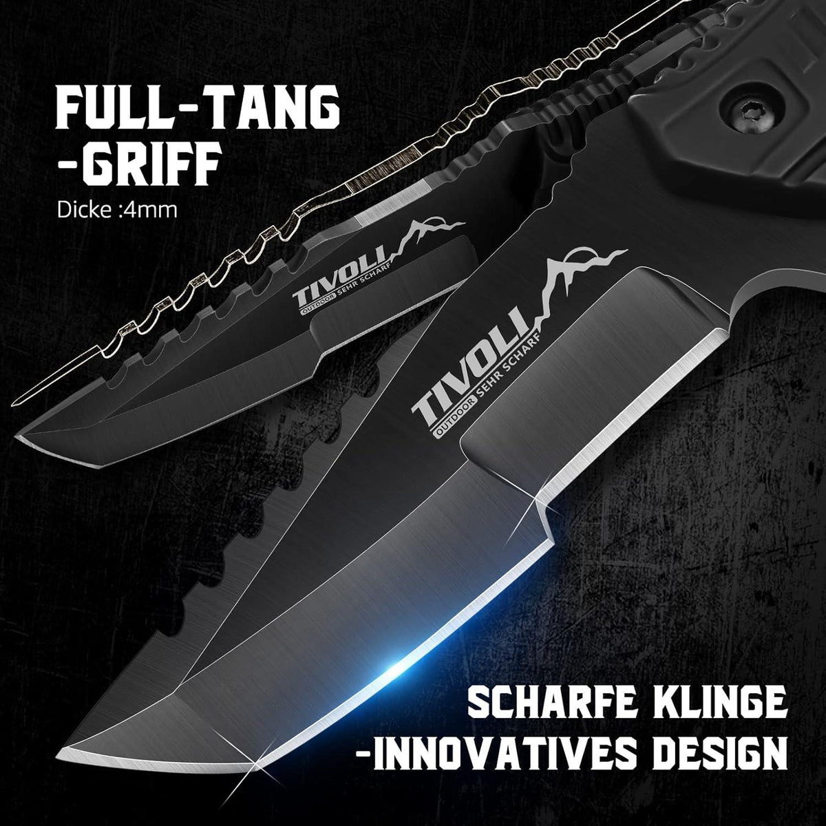 TIVOLI Survival Messer - Großes Outdoor Jagdmesser mit D2 Stahl Klinge und Kunststoffscheide