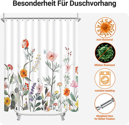Duschvorhang 240x200cm Rote Blume, beschwerter Saum, wasserabweisend, waschbar