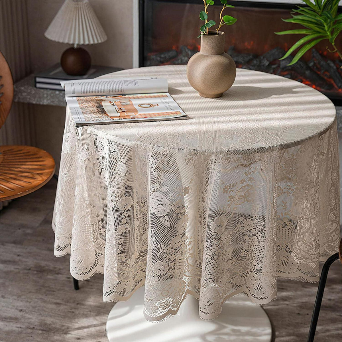 Runde Spitze Tischdecke Beige, Vintage Floral Bestickt