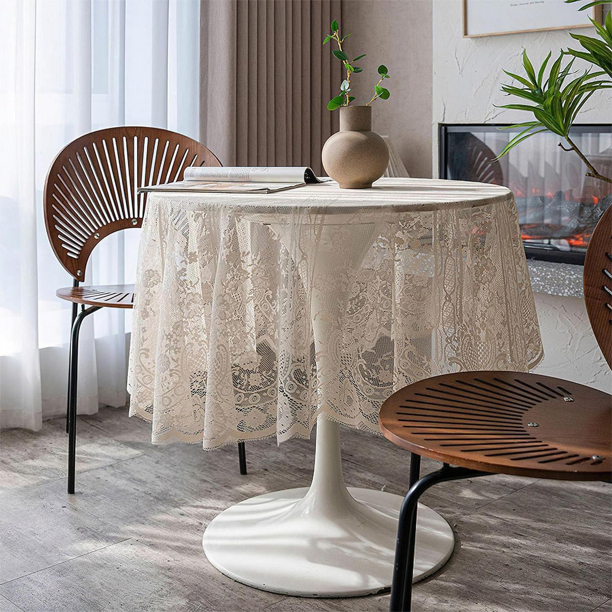 Runde Spitze Tischdecke Beige, Vintage Floral Bestickt