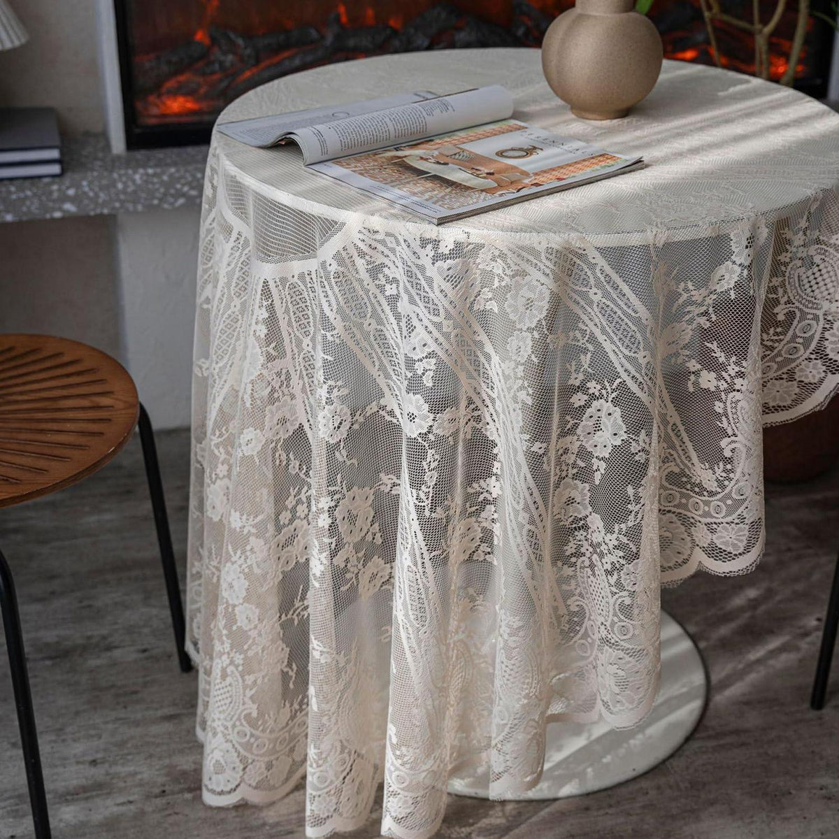 Runde Spitze Tischdecke Beige, Vintage Floral Bestickt
