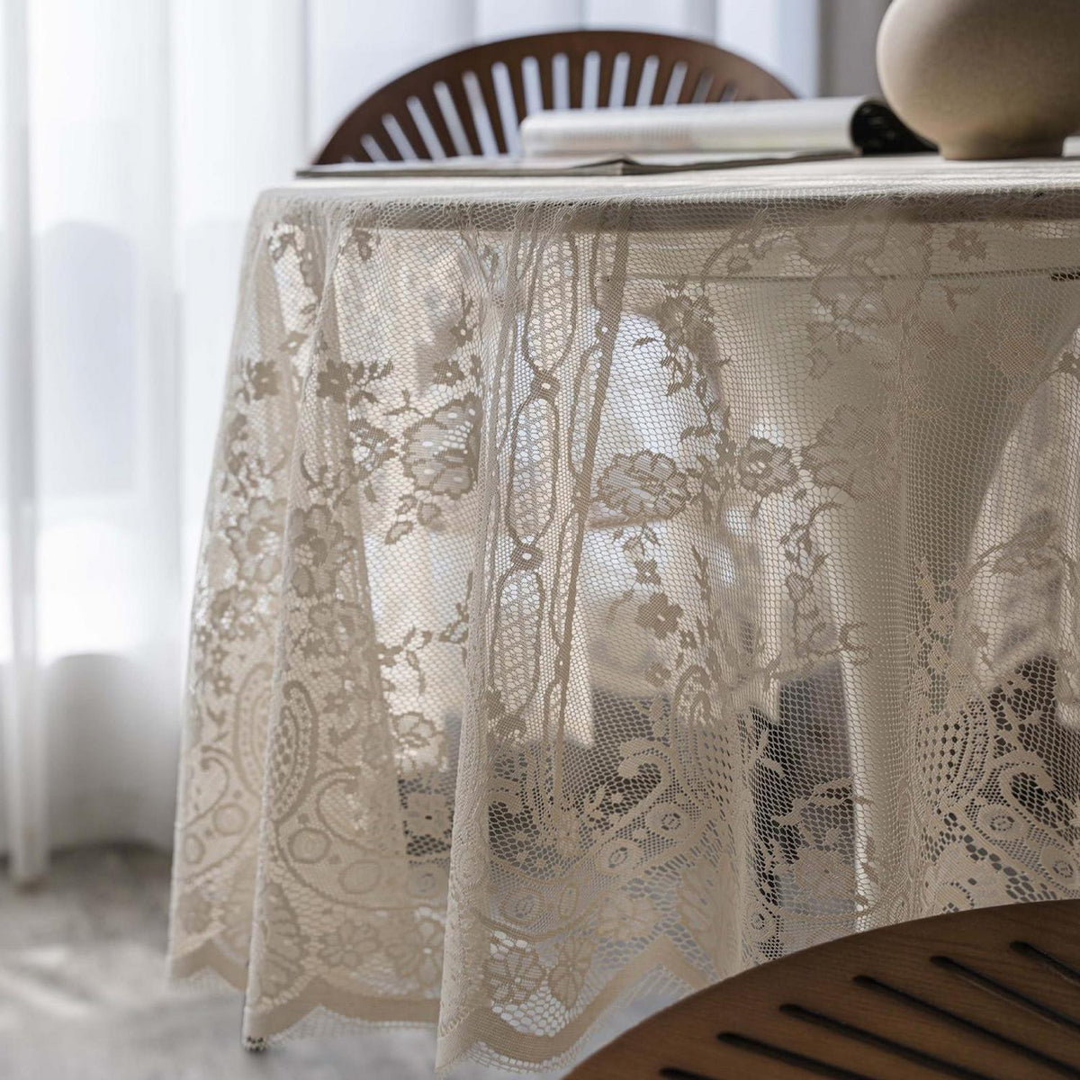 Runde Spitze Tischdecke Beige, Vintage Floral Bestickt