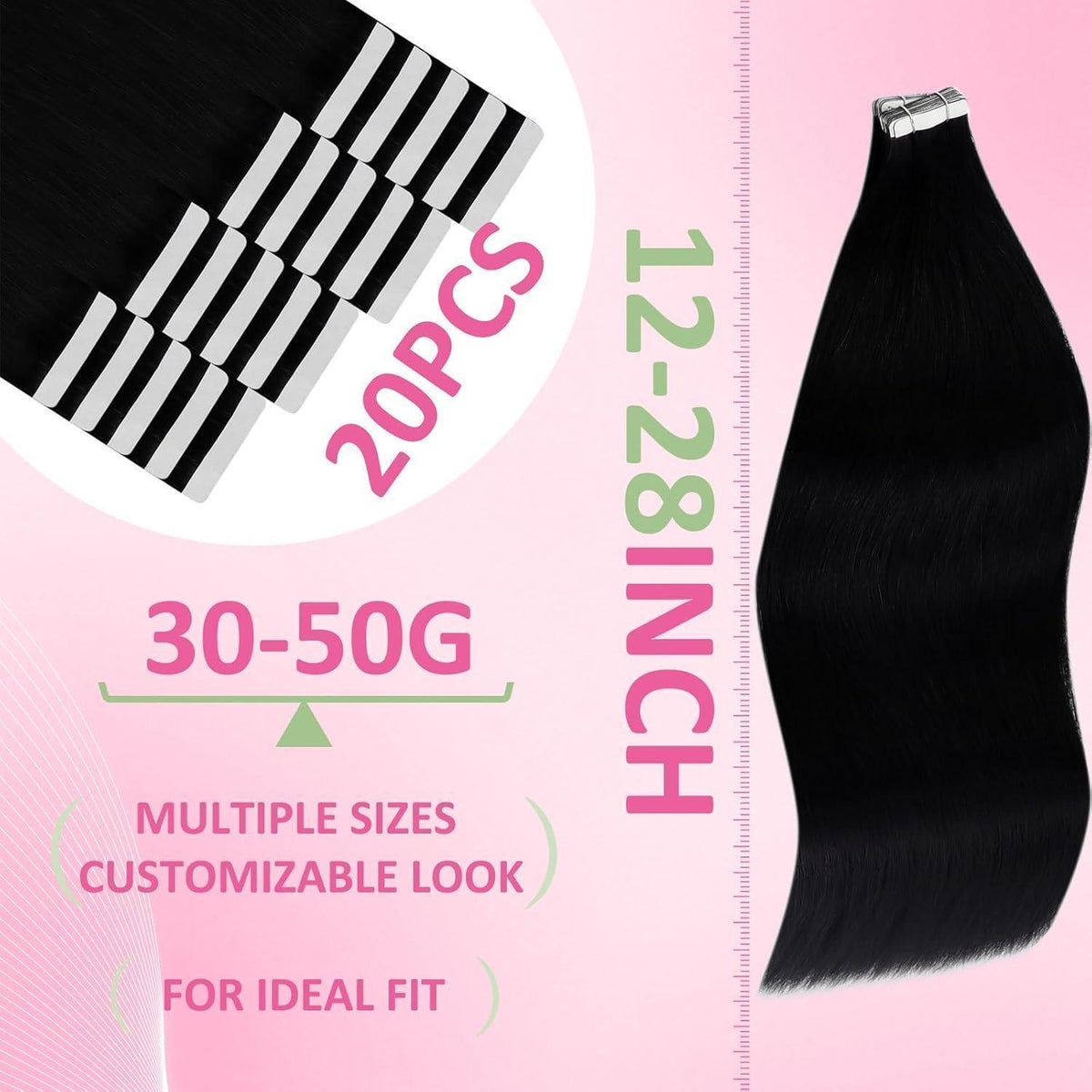 Echthaar Tape Extensions Schwarz 35cm - Remy Haarverlängerung