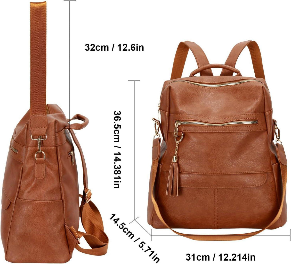 Vegan Leder Damen Rucksack Wasserdicht Elegant Braun