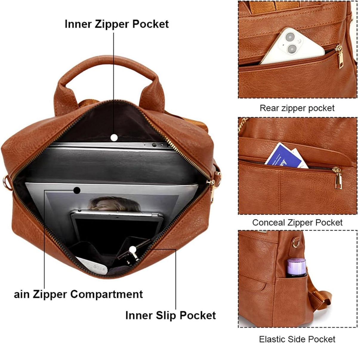 Leathario Damen Rucksack Vegan Leder Elegant Braun 2in1