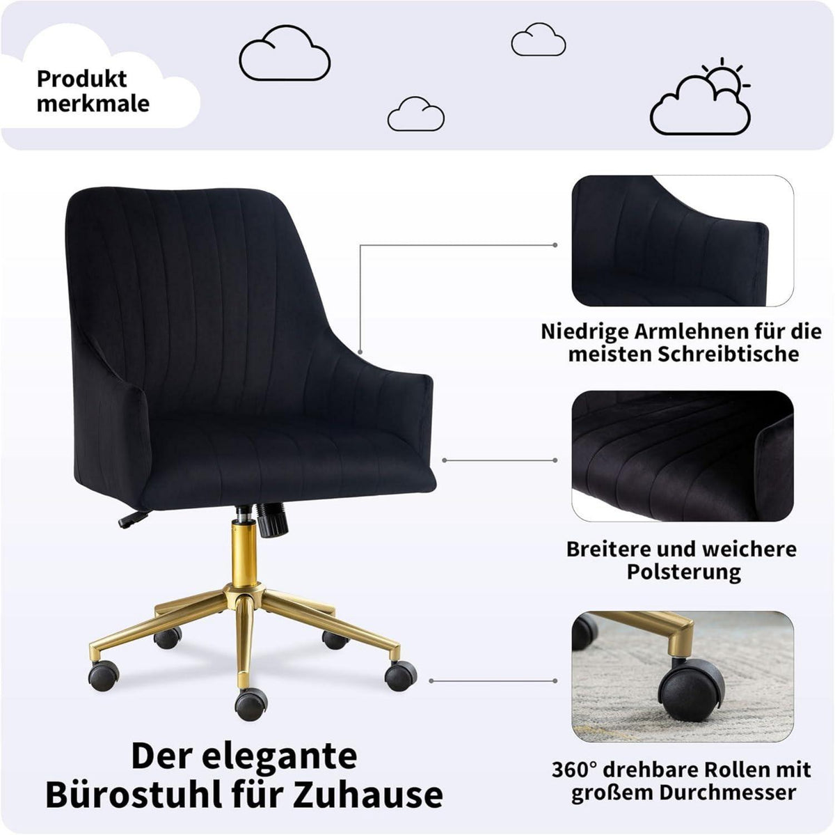 Höhenverstellbarer Bürostuhl Samt Drehstuhl mit Rädern