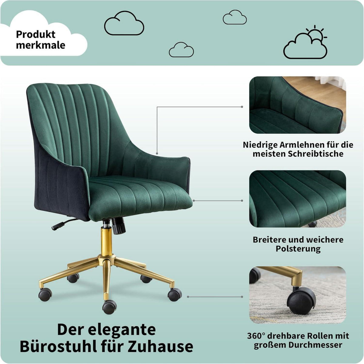 Höhenverstellbarer Bürostuhl Samt Drehstuhl mit Rädern