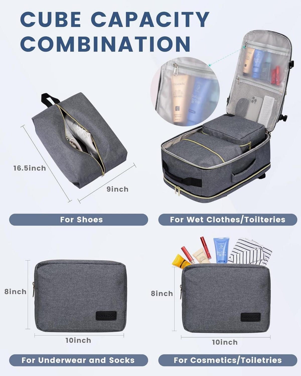 LOVEVOOK Handgepäck Rucksack 40L Damen Reiserucksack Business Travel Backpack 17 Zoll Laptop Dunkelgrau Schwarz