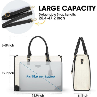 Große Canvas Laptoptasche Damen Schwarz & Beige