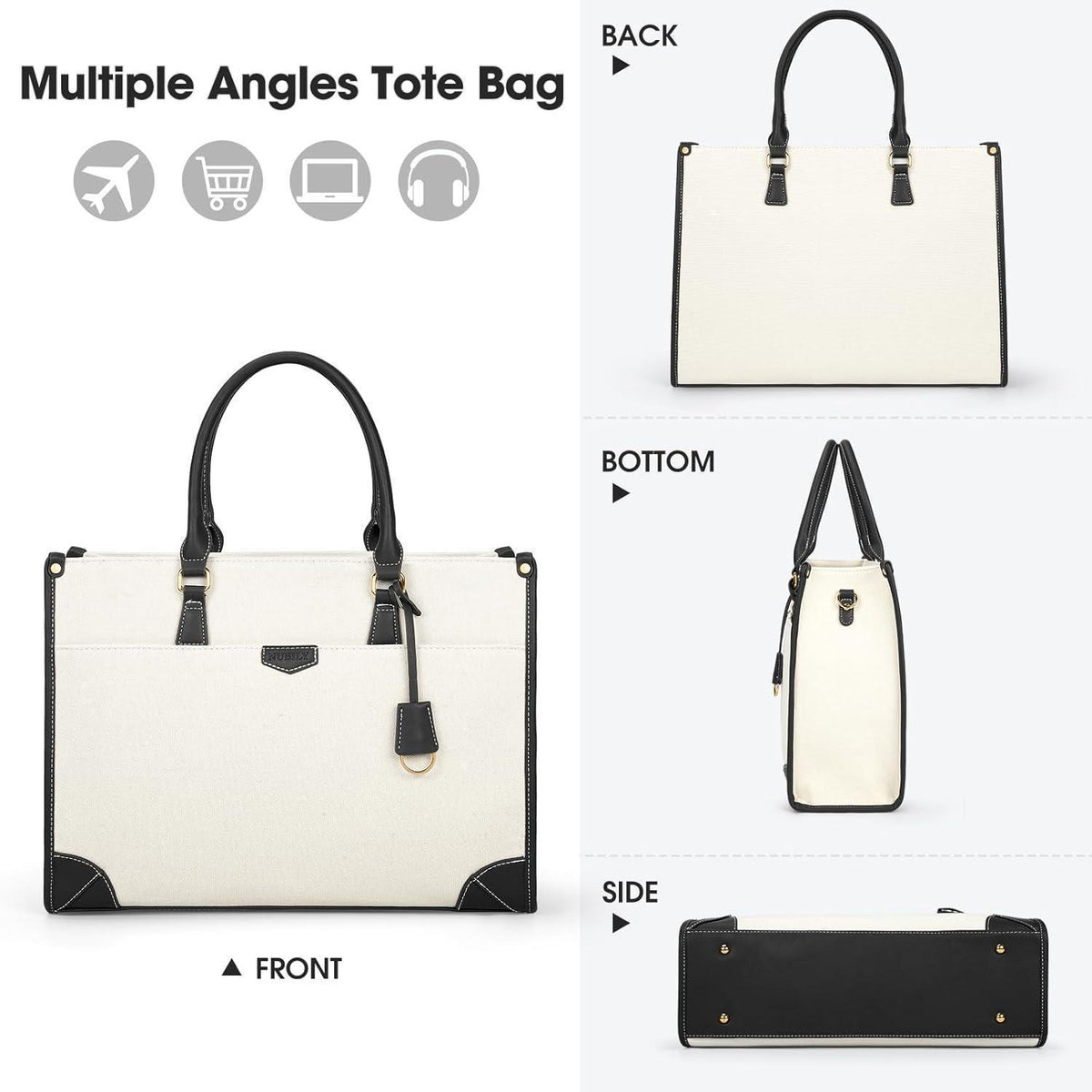 Große Canvas Laptoptasche Damen Schwarz & Beige
