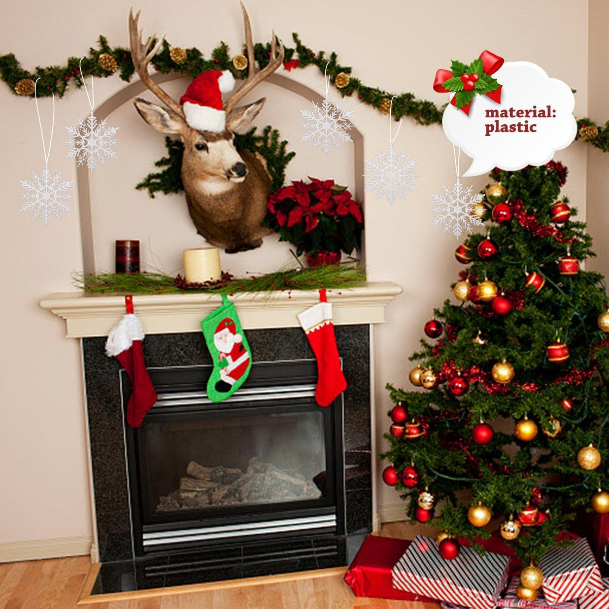 15er Set Weihnachtsschneeflocken Deko Kunststoff Transparent 4m