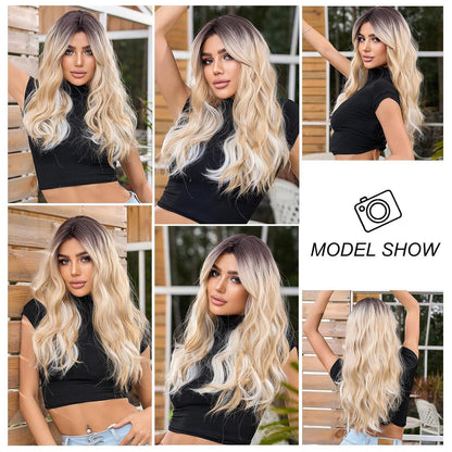 Lange gewellte Ombre Blonde Perücke – Synthetisch & Hitzebeständig