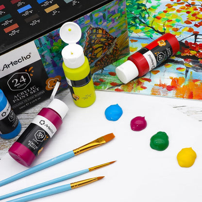 Artecho Acrylfarben Set 24 Farben 59ml + 10-teilige Pinsel Wasserfest