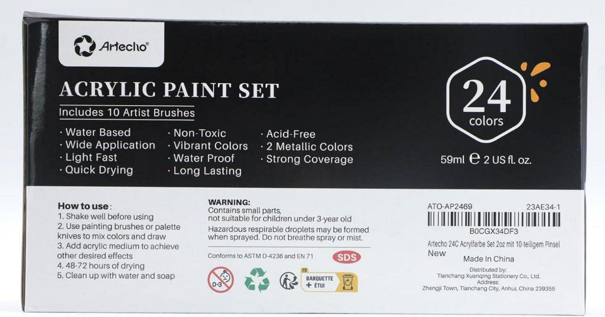 Artecho Acrylfarben Set 24 Farben 59ml + 10 Pinsel