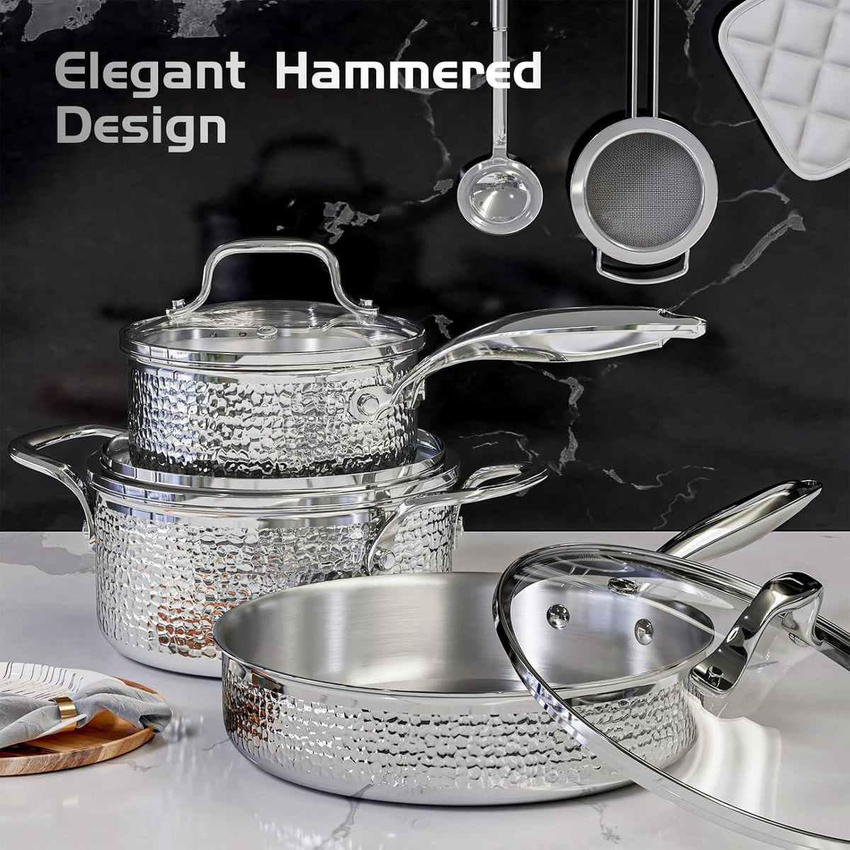 Edelstahl Kochtopfset 6tlg gehämmert Induktion Pfanne 16/20/24cm