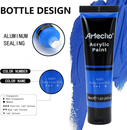 Artecho Acrylfarben Set 18x36ml, Wasserfest, Lichtecht & Schnell Trocknend