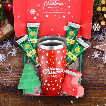 Weihnachtsgeschenkset Frauen: 1x Becher, 4x Handcreme, 2x