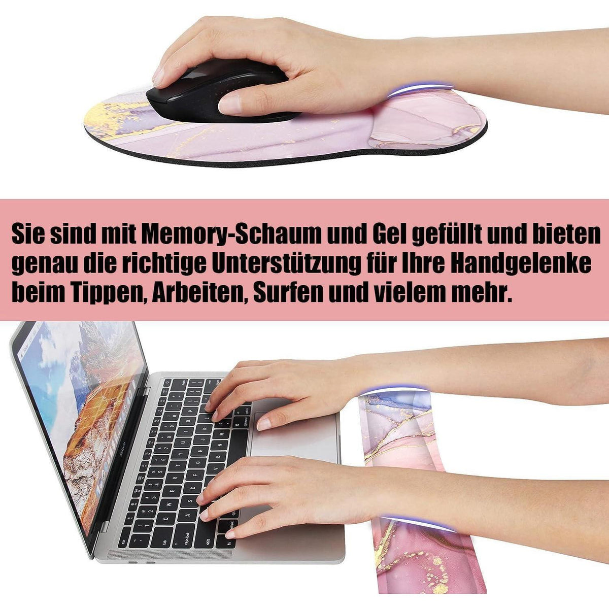 3-in-1 Handgelenkauflage Set Rosa mit Gelkissen & Untersetzer