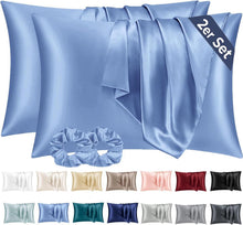2er-Set Satin Kissenbezüge 40x70 Blau mit Haargummis