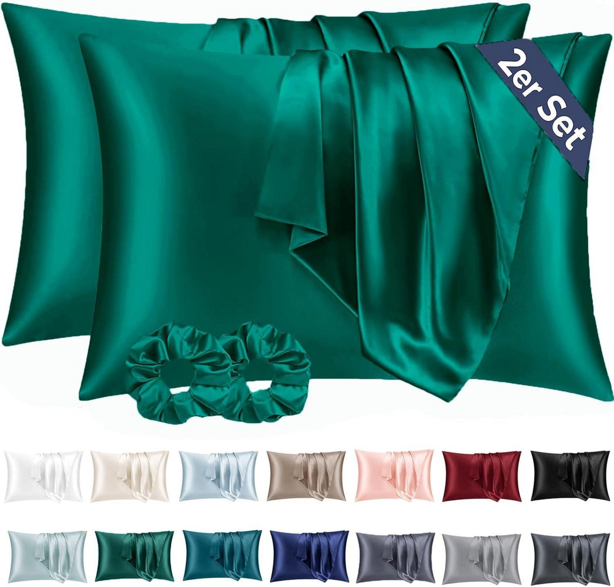 Satin Kissenbezug 2er Set 40x80 Dunkelgrün Haargummis