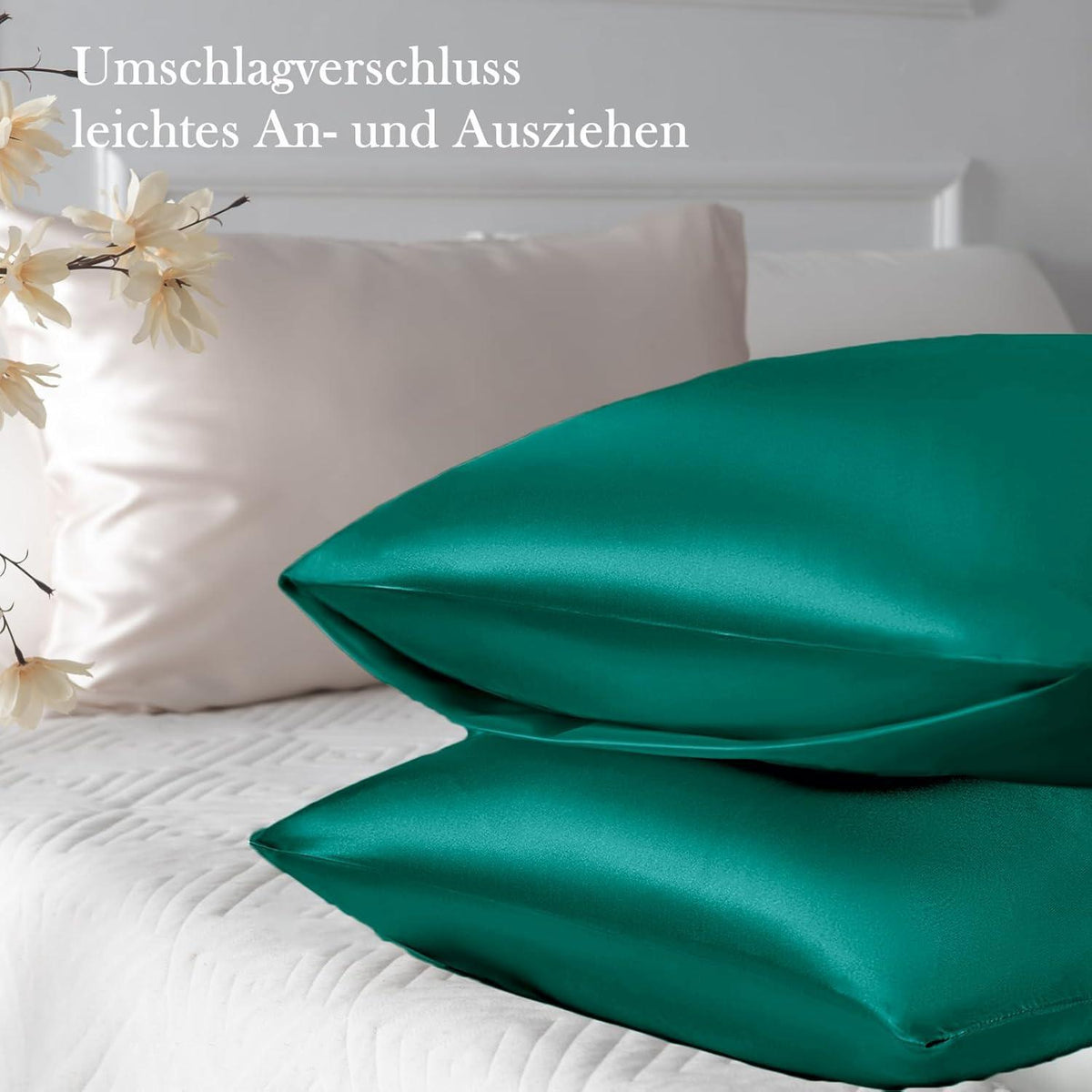 Satin Kissenbezug 2er Set 40x80 Dunkelgrün Haargummis