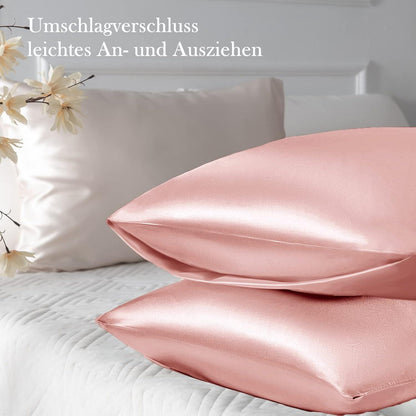 Satin Kissenbezüge 2er-Set Rosa 40x70cm mit Haargummis