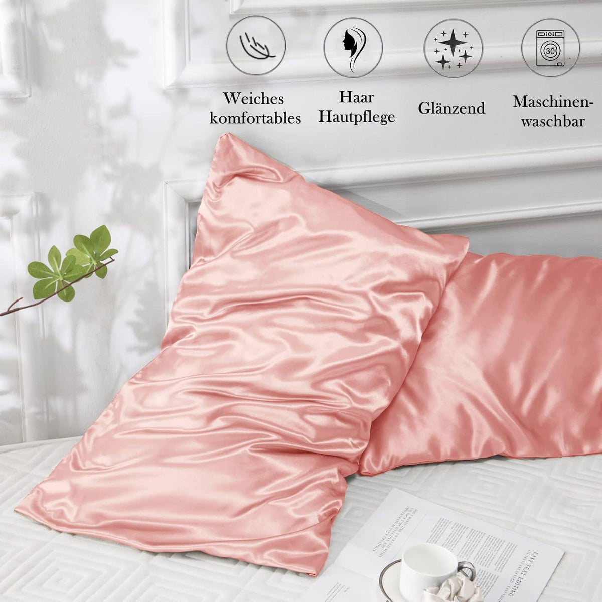 2er Set Satin Kissenbezug 40x70 Rosa inkl. Haargummis