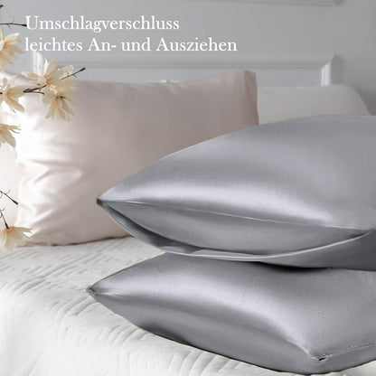 Satin Kissenbezug 2er-Set 40x70 Grau mit Haargummis