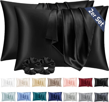 2er-Set Satin Kissenbezug Schwarz 40x70cm inkl. Haargummis