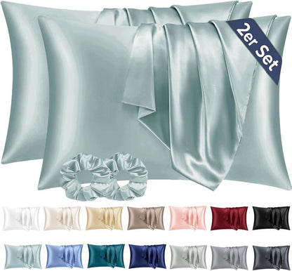 Satin Kissenbezug 2er-Set Grün 40x70 + Haargummis