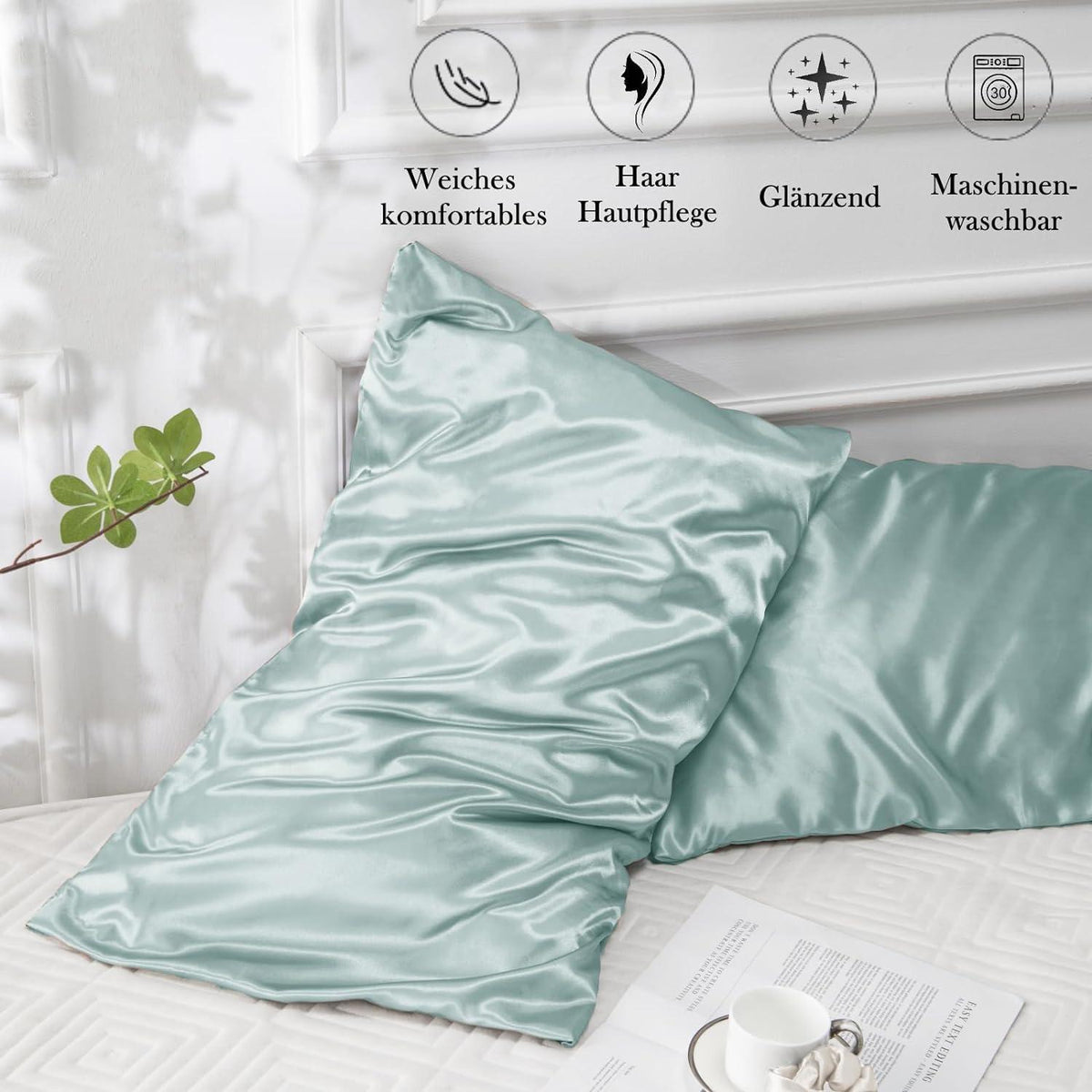 Satin Kissenbezug 2er-Set 70x40 Grün mit Haargummis, Haut- & Haarpflege