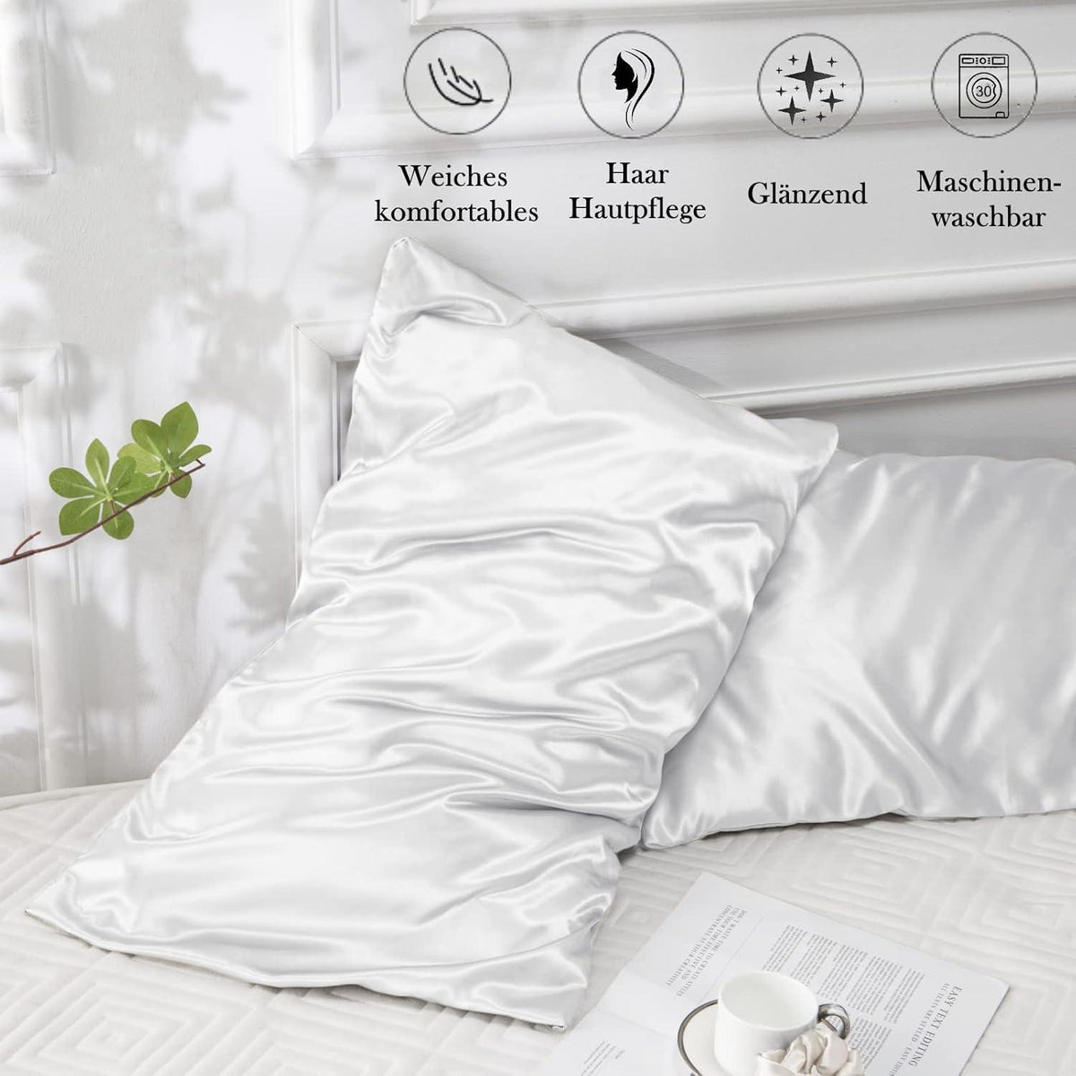 Satin Kissenbezug 2er-Set Weiß 40x70 mit Haargummis, pflegeleicht