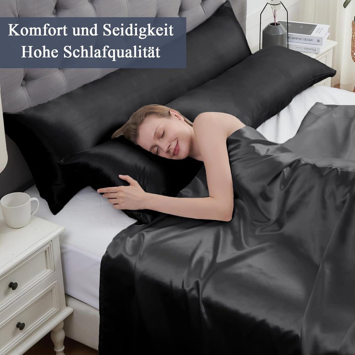 Schwarzer Satin-Kissenbezug 40x145cm inkl. 2 Haargummis
