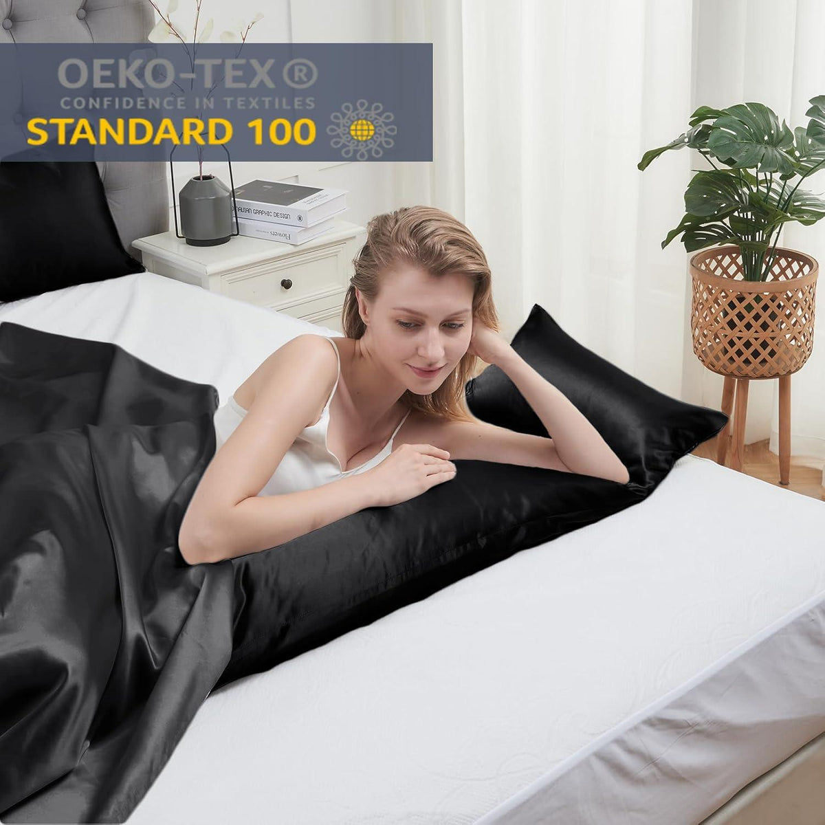 Satin Kissenbezug 40x145 Schwarz mit Haargummis & Zip